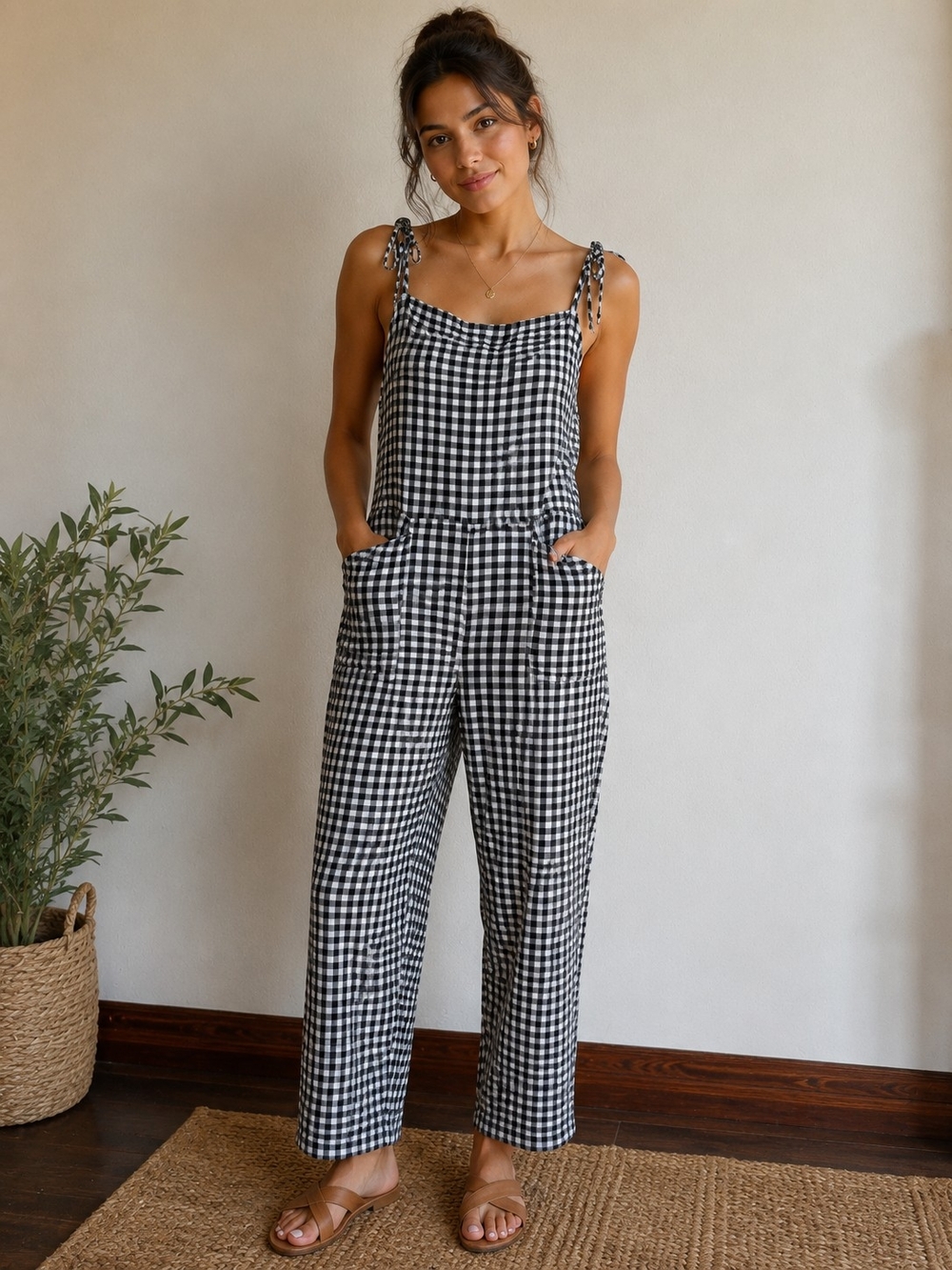 JS11 Utcoco Casual Gingham Relaxed Fit Overalls Tie Straps Wide-Leg Bib Front